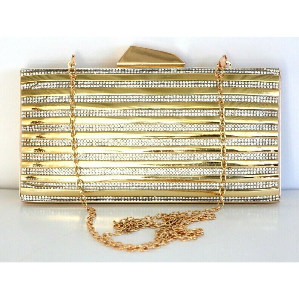 4"x8" LULU TOWNSEND GOLD SATIN CLEAR RHINESTONES CHAIN STRAP SHOULDER BAG CLUTCH